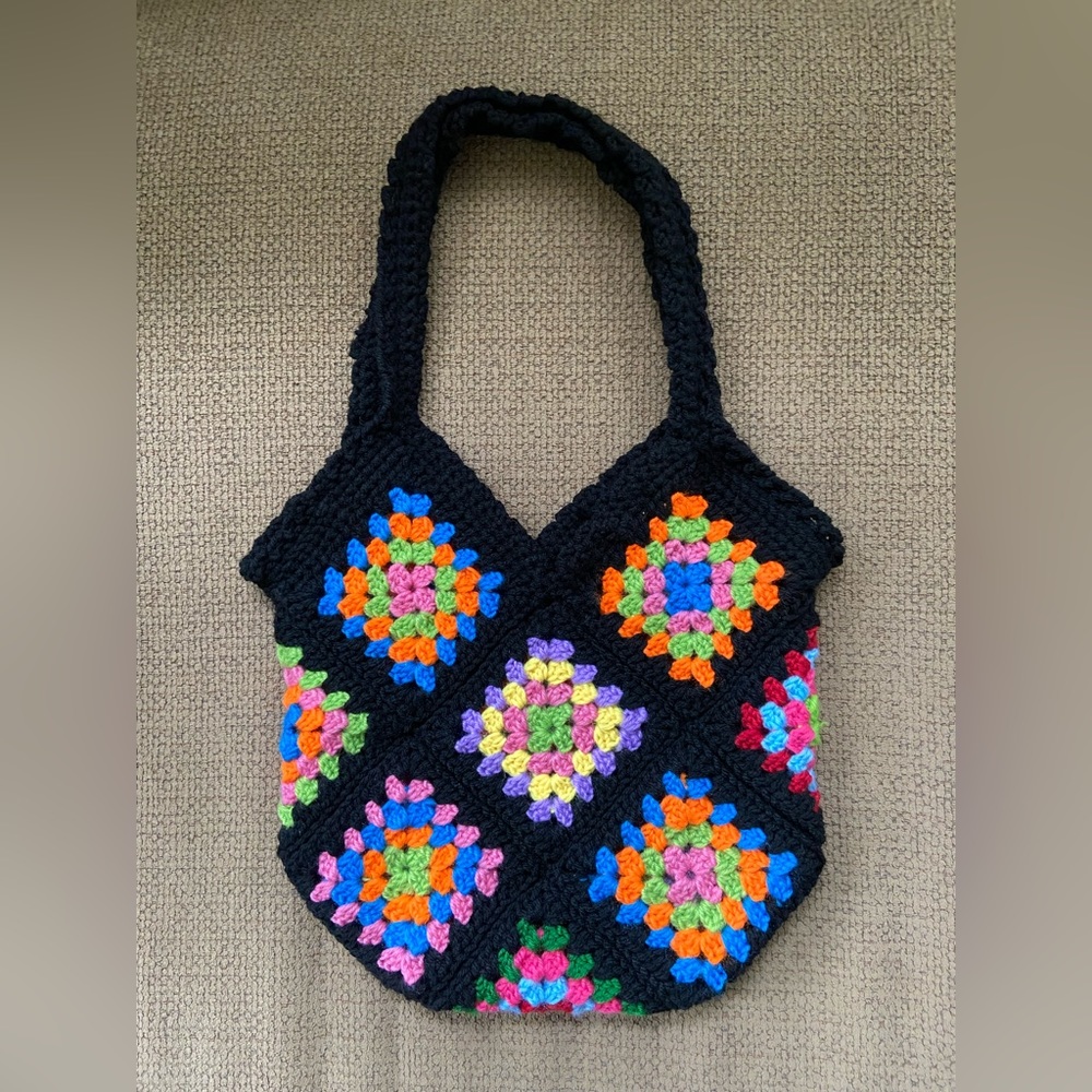 Black Multicolored Granny Square Small Tote Bag.